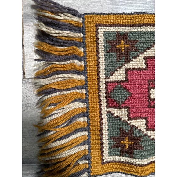 Handwoven Bohemian Runner Rug With Geometric Patterns & Tassels Red Gold Gray - Picture 5 of 6